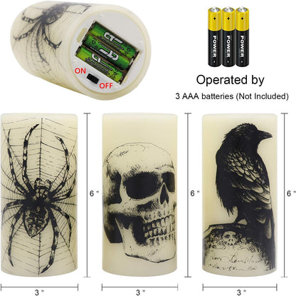 Halloween Flameless Candles with 6H Timer, LED Pillar Candles mit Skull, Spider Web, Crow Raven Decals Set of 3, Battery Operated Real Wax Candles, Halloween Decor Horror Gothic Punk