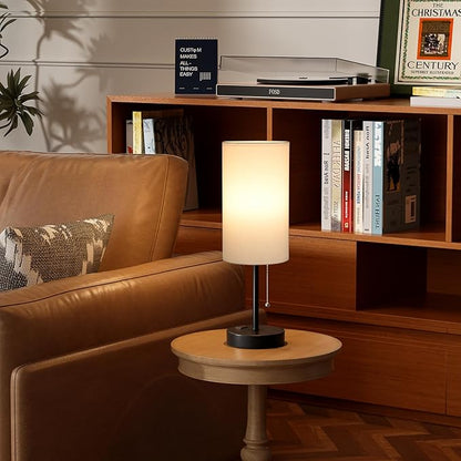 17.4Inches White Bedside Lamp for Bedroom Nightstand - Tall Lamp with USB A + C Charging Port & AC Outlet, 3 Color Temperatures Pull Chain, Side Desk Reading Light for Living Room