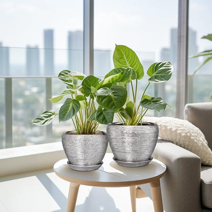 Ceramic Planters - 10 Inch 8 Inch 6 Inch Plant Pots Indoor with Drainage Holes and Saucer Mid-Century Large Planters Outdoor Flower Pots for Home Decor Set of 3 Silver