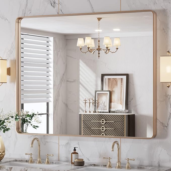 LOAAO 40"X32" Gold Bathroom Mirror, Rounded Rectangle Gold Frame Mirror