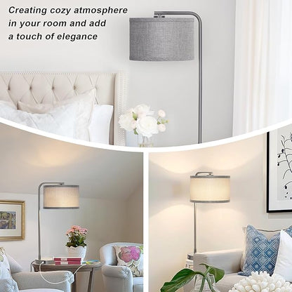 Gray Bedside Lamp with USB C+A Charging Ports, Fully Dimmable Modern Nightstand Lamp with Grey Fabric Shade, Tall Reading Lamp Desk Lamp for Bedroom Living Room Office with 3000K LED Bulb