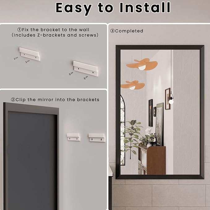 Amorho Bathroom Mirror Black, 50x36 Inch Thick Metal Framed Wall Mirrors
