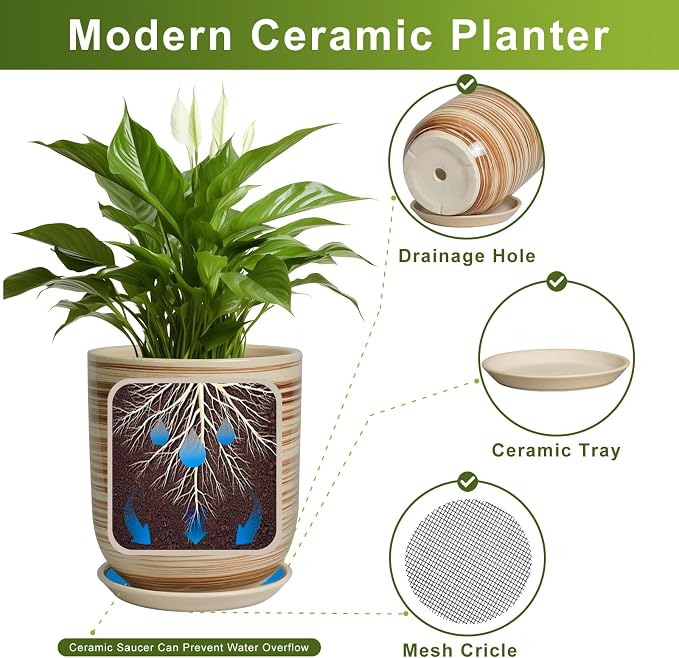 8 Inch Plant Pot, Ceramic Planter for Outdoor Plants, Large Plant Pot Indoor with Drainage Hole and Saucer, Modern Flower Pot for Home Garden Decor Yellow