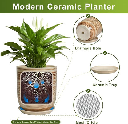8 Inch Plant Pot, Ceramic Planter for Outdoor Plants, Large Plant Pot Indoor with Drainage Hole and Saucer, Modern Flower Pot for Home Garden Decor Yellow