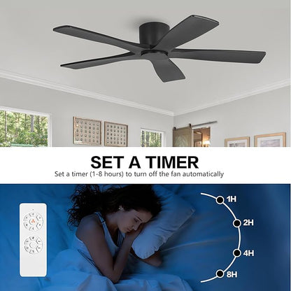 WINGBO 54" Flush Mount DC Ceiling Fans Without Lights, 5 Carved Solid Wood