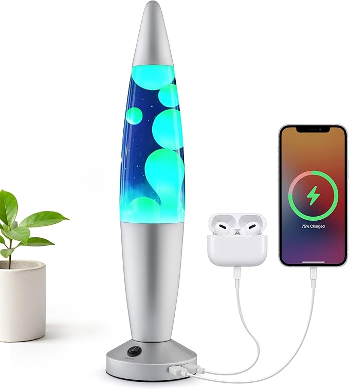 JAMBO Beautiful Liquid Lamp with USB Ports, 16" Motion Light with Blue Liquid Yellow Wax, Relaxing Nightlight, Mood Light for Bedroom, Living Room, Office - Adults, Teens, Kids