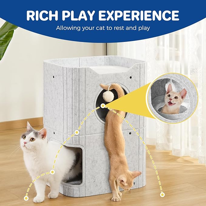 Cat House for Indoor Cats Large Cat Bed Cave 2-Storey Cats Condo with Cozy Felt Covered Hideaway for Multiple Pets Light Gray