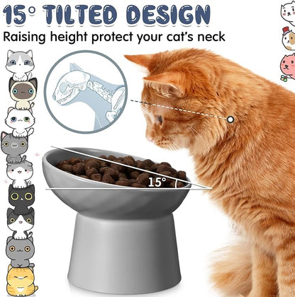 4 Pcs Ceramic Raised Cat Bowls, Elevated Tilted Cat Bowl for Food Water, Stress Free, Backflow Prevention, Dishwasher Microwave Safe, Feeder Dish for Indoor Kitten, Small Dogs(White and Grey)