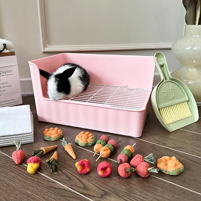 Large Rabbit Litter Box Bunny Potty Training Corner Litter Pan Comes with Liners Rabbit Pee Pads, Small Animal Bedding Toilet for Guinea Pig, Ferret, Hamster, Bunnies (Pink)