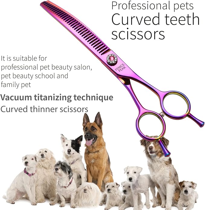 Fenice Peak Professional Dog Grooming Scissors Pet Curved Chunker Shears 7.0'' Extremely Sharp Blades 440C Steel Thinning Scissors Durable Smooth Motion & Fine Cut for Dogs and Cats (Multicolored)