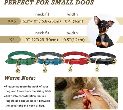 Guiding Star Leather Collar for Puppy, Cute Soft Thin Dogs Collars for Small Medium Dogs, Cat Collar with Bell (Green, XS, 9"-12")