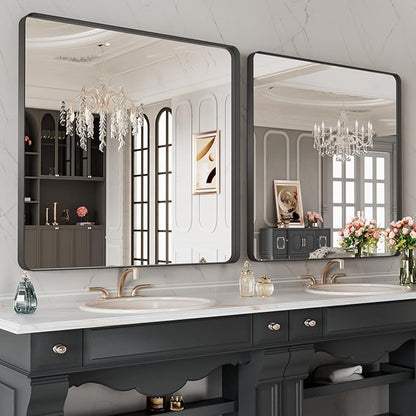 LOAAO 40X38 Inch Black Metal Framed Bathroom Mirror