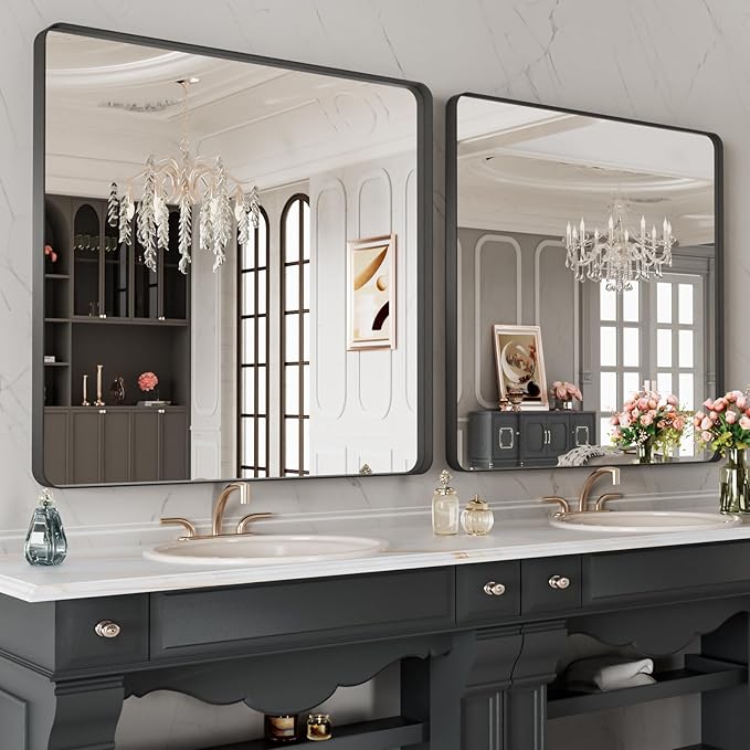 LOAAO 28X32 Inch Black Metal Framed Bathroom Mirror
