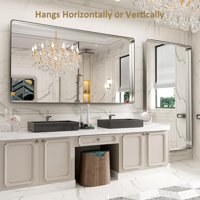 LOAAO 72X40 Inch Brushed Nickel Bathroom Mirror, Rounded Rectangle Silver Metal