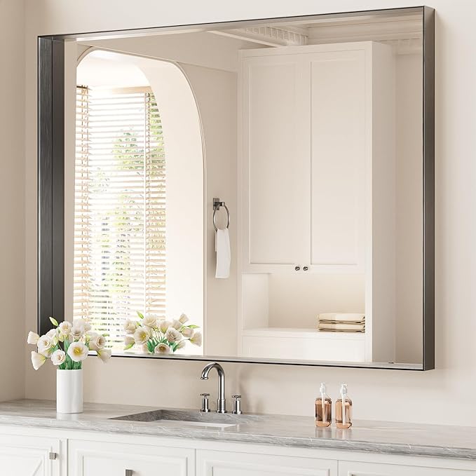 Koonmi 36x48 Inch Black Metal Framed Bathroom Mirror
