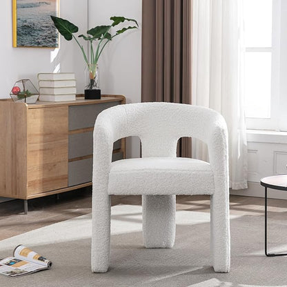 DAYALANE Modern Boucle Dining Chair, Sherpa Upholstered Accent Kitchen Chair with Arms Comfy Barrel Side Chair for Living Room/Home Office/Reception, White Fur