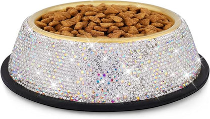 Sparkly Full Rhinestones Designed Gold Stainless Steel Pet Bowl - Stylish and Practical Diamond Food Water Dishes Bowls for Small Medium Large Dogs Cats Rabbits