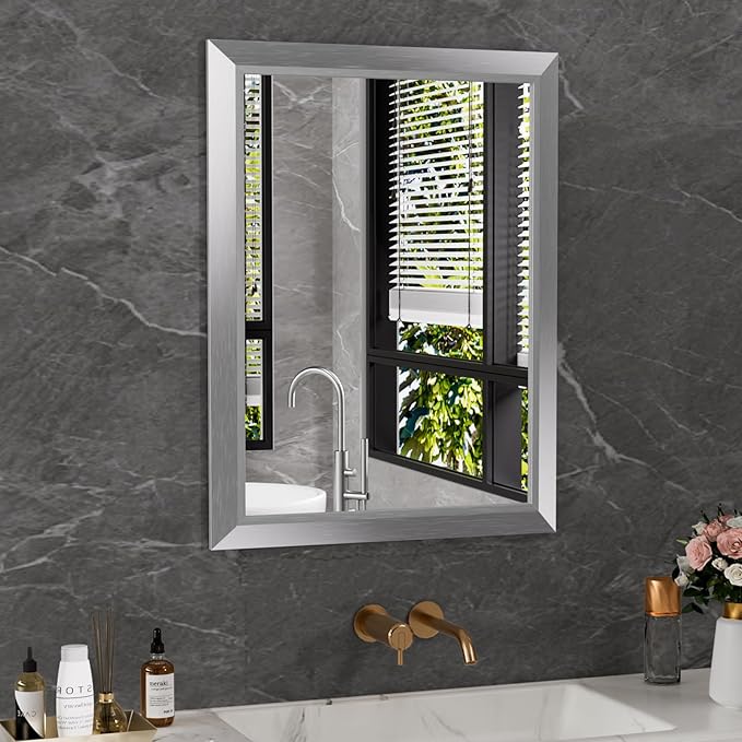 Amorho 24x32 Inch Bathroom Mirror Silver, Thick Metal Framed Wall Mirrors