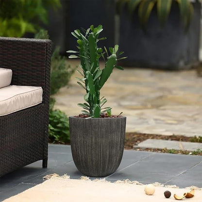 Vintage Black Faux Cement Ribbed Planter, 12.4"H Tall Tapered Egg-Shaped Plastic Plant Pot with Drainage Hole & Plug, Large Modern Indoor Outdoor Flower Pot for Home, Garden, Patio and Houseplants