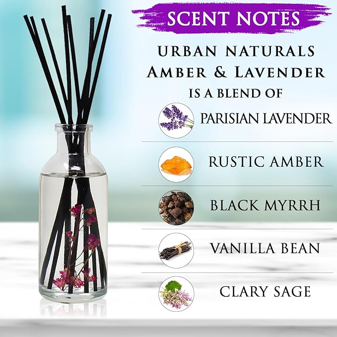 Urban Naturals Amber & Lavender Reed Diffuser Scented Sticks Set | Mind & Body