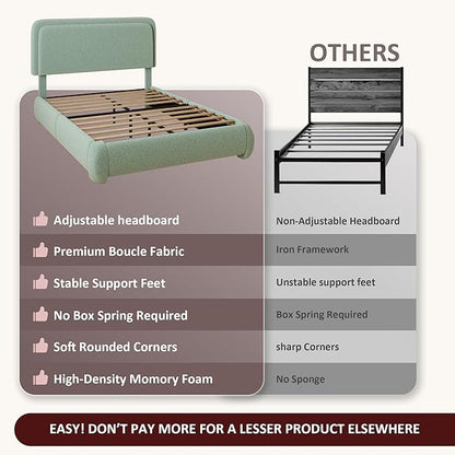 Queen Boucle Platform Bed Frame with Height Adjustable Headboard, Modern Upholstered Cloud Bed, Sleek Curved Design, No Box Spring Needed, Easy Assembly, Noise Free, Green