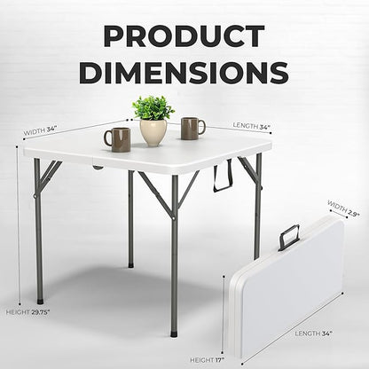 34" Square Foldable Table with Built in Handle & Steel Legs | Heavy Duty Portable | Perfect for Party, Dining, Wedding, Events, Picnic Indoor, Outdoor, Camping, Utility, Temporary