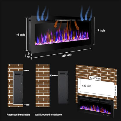 36" Electric Fireplace Wall Mounted and Recessed