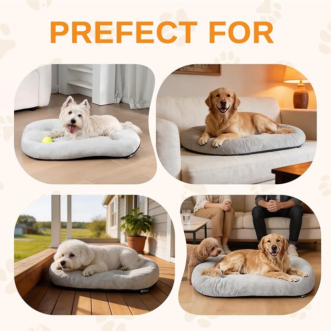 Washable Oval Medium Dog Bed, Silver-Tipped High-Resilience, Light Gray | Non-Slip Bottom Prevents Sliding, Soft Plush Short Fur, Machine Washable, Ideal for Crates/Apartments/Cozy Nooks,29"x18"x2.8"