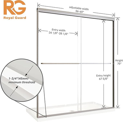 Shower Door, 56-60" W x 70" H Semi-Frameless Double Sliding Glass Shower Door