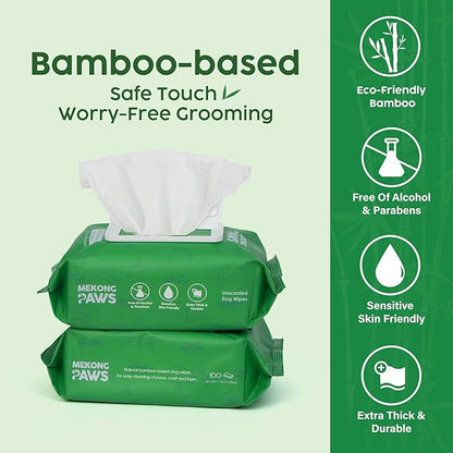 Unscented Pet Grooming Wipes - Natural Bamboo Fiber - Cleansing Wipes for Dog & Cat - Soft & Caring for Sensitive Skin - Durable & Tear Resistant for Paw, Coat & Bum Freshening - 100 Count