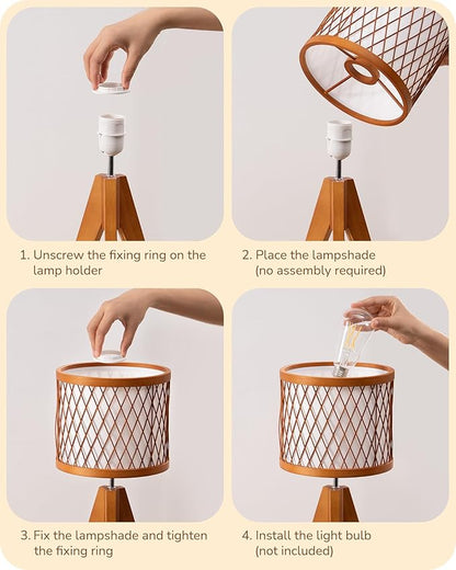 EDISHINE Small Table Lamp, 14.17" Wood Tripod Bedside Lamp with Bamboo Lampshade & PVC Shade, ON-Off Switch & E26 Base, Boho Nightstand Lamp for Living Room, Bedroom