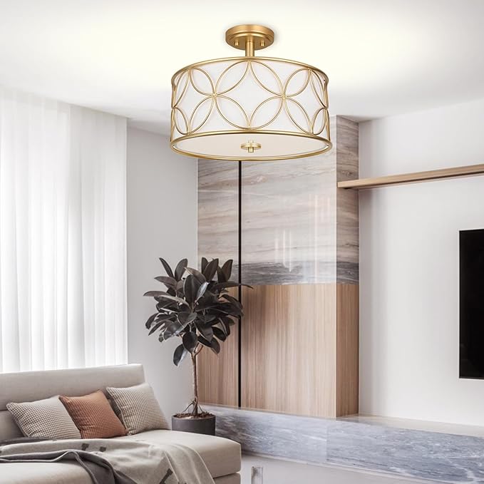 3-Light Semi Flush Mount Ceiling Light, 16" Drum Light with Fabric Shade, Modern Close to Ceiling Lamp for Living Room Bedroom Dining Room Kitchen Hallway Entry Foyer (Gold)