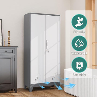 Metal Storage Cabinet with Locking Doors, Broom Closet/Freestanding Bathroom