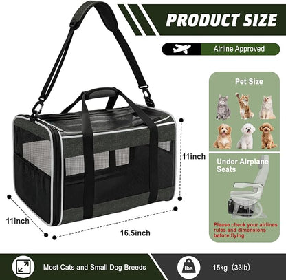 Cat Carriers Dog Pet Carrier for Small Cats Puppies(Up to 33lbs), 16.5x11x11 Inch Airline Approved Pet Carrier with Removable Wheels, Collapsible Travel Carrier with Shoulder Strap
