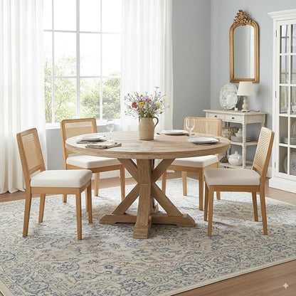 Farmhouse Rattan Dining Chairs Set of 4, Mid Century Modern Kitchen & Dining Room Chair, Rectangle Cane Upholstered Kitchen Chairs Side Chairs with Natural Wooden Legs, White Chenille