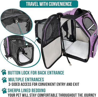 PetAmi Dog Cat Backpack Carrier, Expandable Pet Carrier Backpack for Travel Hiking, Small Medium Dog Puppy Large Cat Carrying Backpack, Airline Approved Ventilated Soft Back Support, 18 lbs, Purple