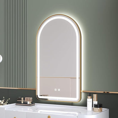 30x40 inch Gold Tempered Glass LED Arched Mirror