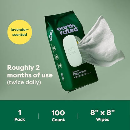 Earth Rated Dog Wipes, Hypoallergenic, Cleaning and Hydrating, for Grooming Paws, Body and Butt, Lavender Scented, 100 Count