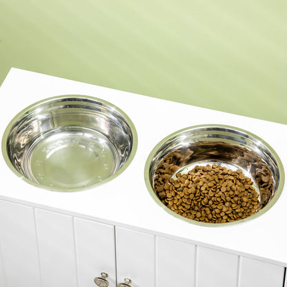Large Elevated Dog Bowls with Storage Cabinet Containing Large 44L Capacity, Raised Dog Bowl Stand Pet Food Bowl Pet Feeding Station, White