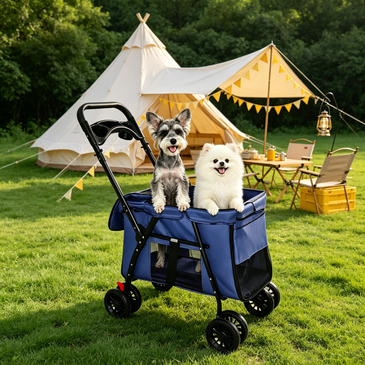 Pet Stroller, Foldable 4-Wheel Design, Breathable Mesh Dog Cat Stroller with Shockproof Wheels, Brake System, Storage Tray, 2 Fixed Safety Leashes, Large Space for Small Medium Pets, Navy Blue