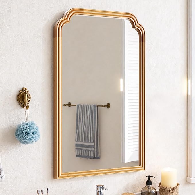 Wood Frame Wall Mirror for Bathroom, Rounded Corner Arch Rectangle Mirror for