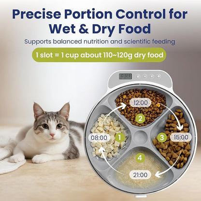Smart 4-Meal Automatic Wet Food Pet Feeder, 4-Cup Capacity | Programmable Timer for Wet & Dry Food, Cordless, with Ice Packs, Dog & Cat Feeder, White