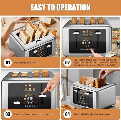 4 Slice Toaster, Touchscreen & Dual Independent Control Panel，5 Basic Functions