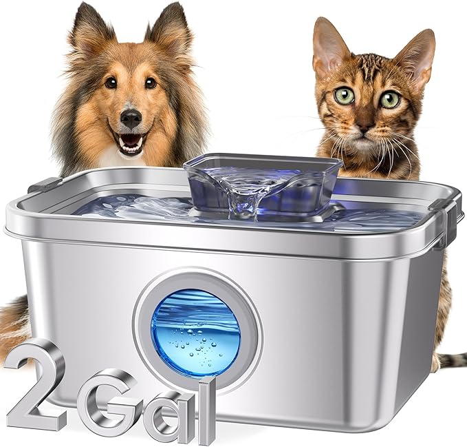 PETIMI Dog Water Fountain, 2 Gallon 304 Stainless Steel Large Pet Water Fountain for Dogs & Cats, Ultra Quiet Indoor Pet Fountain, Safety Lock, 3 Replacement Filters Included, Smart Pump Protection