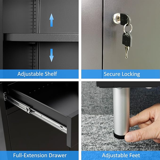 Metal Storage Cabinet with Locking Doors and 2 Drawers, Lockable Storage