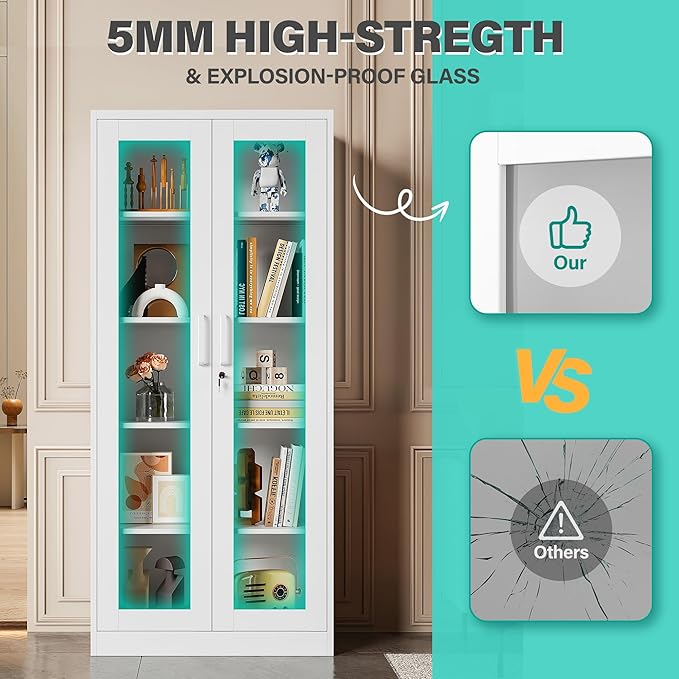 Metal Storage Cabinet with Lock and Glass Doors, Locking Curio Cabinets with 5