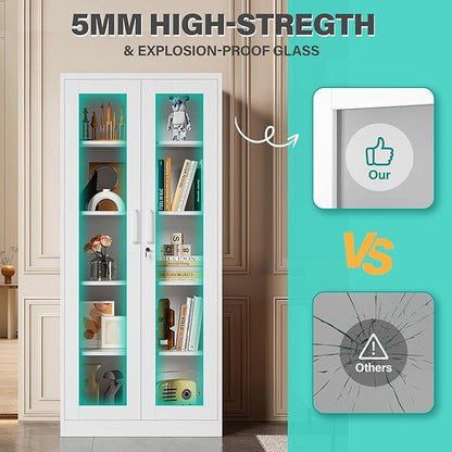 Metal Storage Cabinet with Lock and Glass Doors, Locking Curio Cabinets with 5