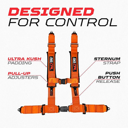 1pc 50 Cal Orange 4 Point Harness 3in Straps, Racing Harness Seat Belt | Ultra Kush padding, Push Button quick release hardware. Universal Fit for UTV, RZR, race car.