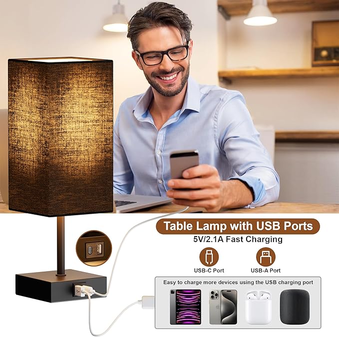 Sailstar Table Lamp for Bedroom, 3 Way Dimmable Touch Bedside Lamp, Small Lamp with 2 USB C+A Charging Ports, Black Nightstand Lamps for End Table, Living Room, Desk, Bulb Included
