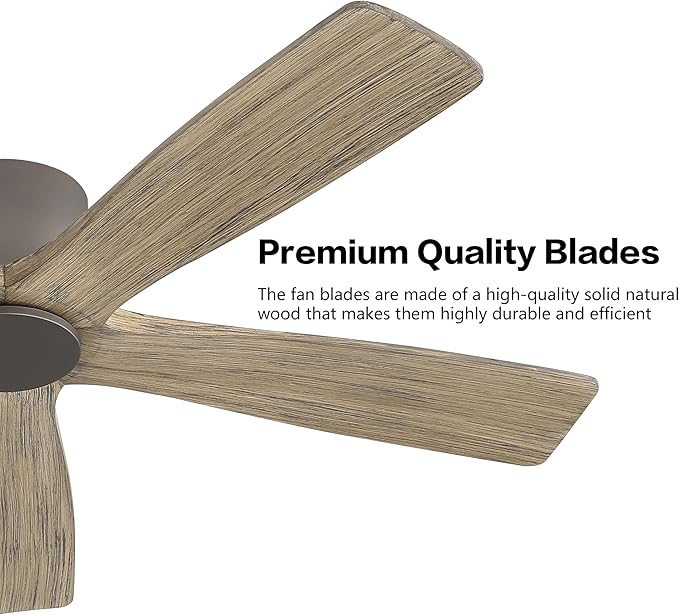 WINGBO 54" Flush Mount DC Ceiling Fans without Lights, 5 Carved Solid Wood
